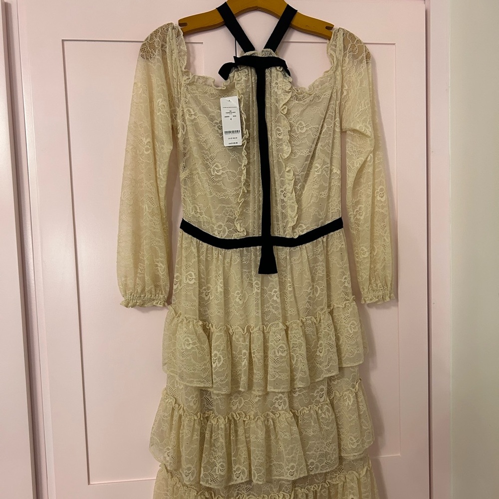 Bebe Tiered Lace Dress with black grosgrain ribbon details